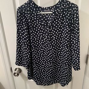 Navy and white polka dot v neck blouse